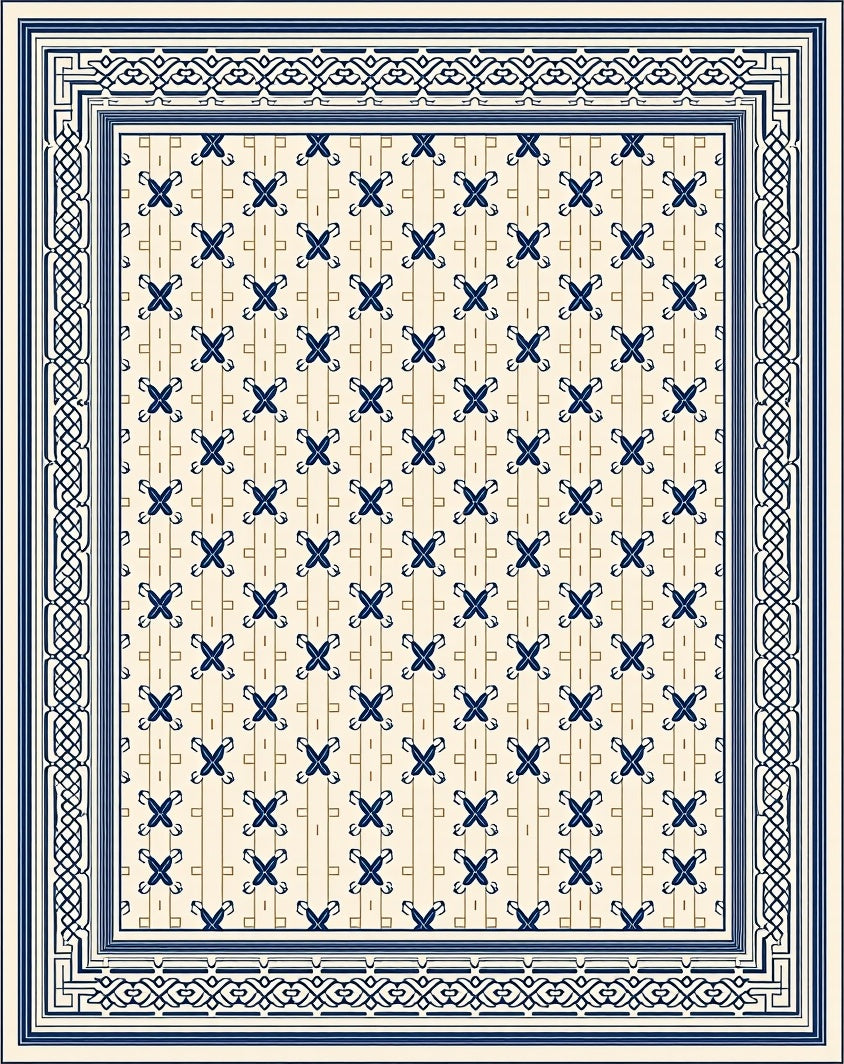 Navy Blue Cream Trellis Border Rug