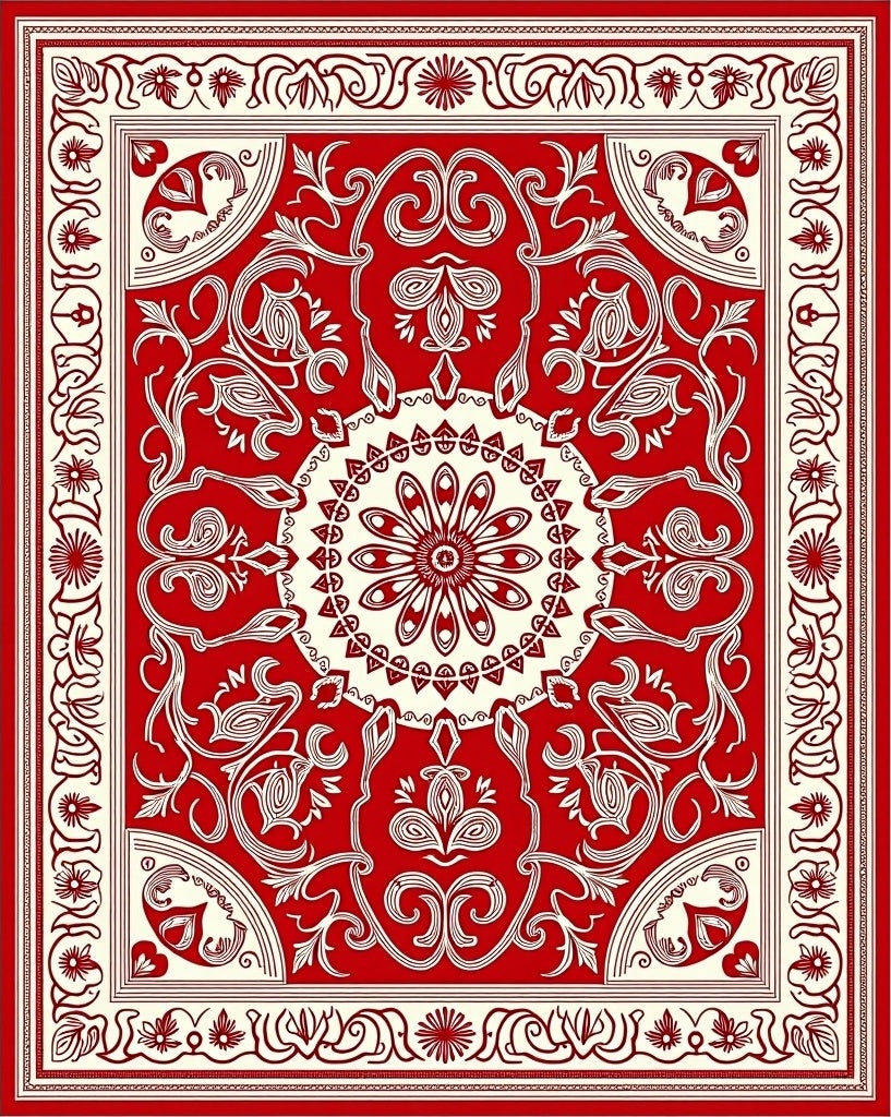 Crimson White Intricate Floral Medallion Rug