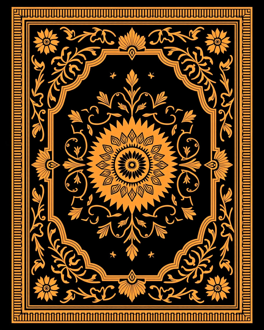Ornate Orange Floral Medallion Black Rug