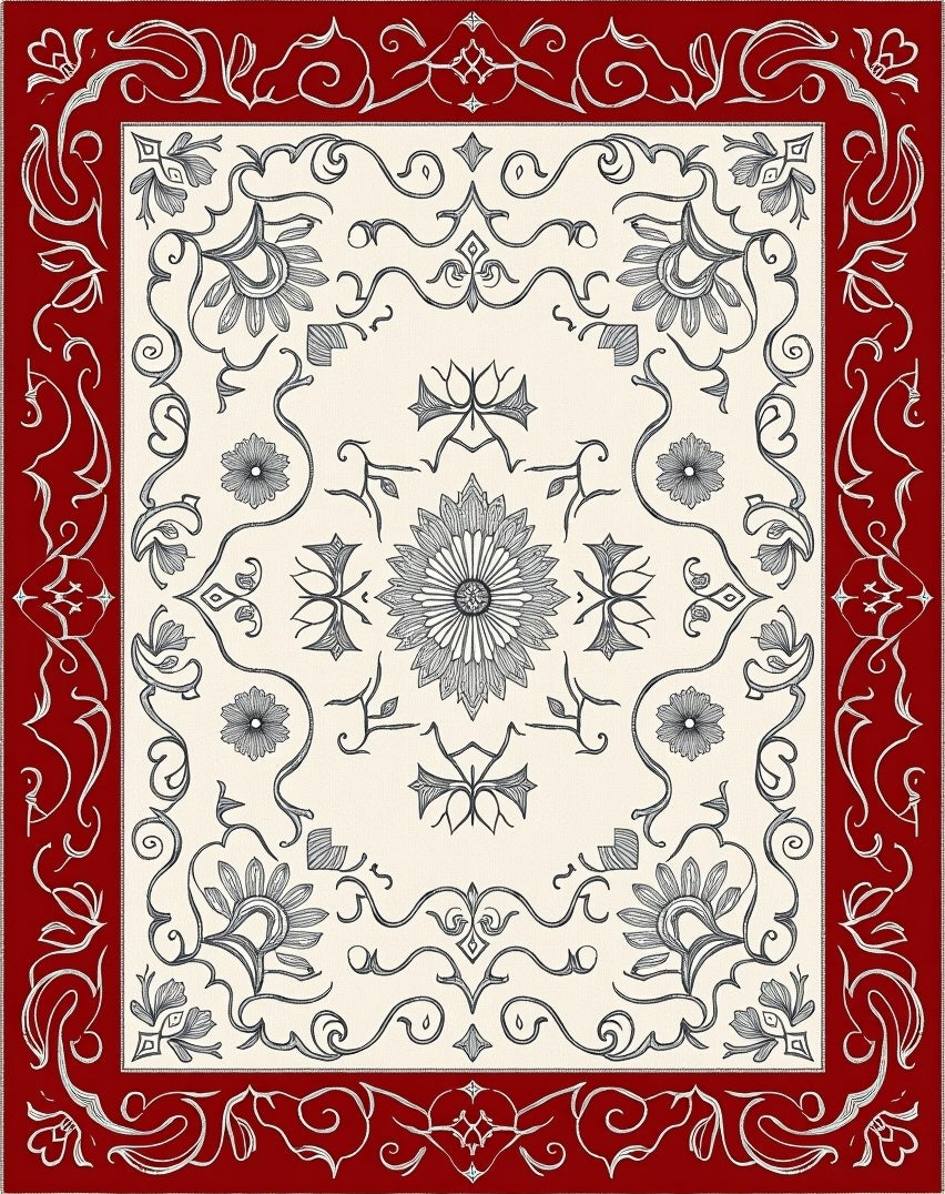 Crimson White Floral Scroll Medallion Rug