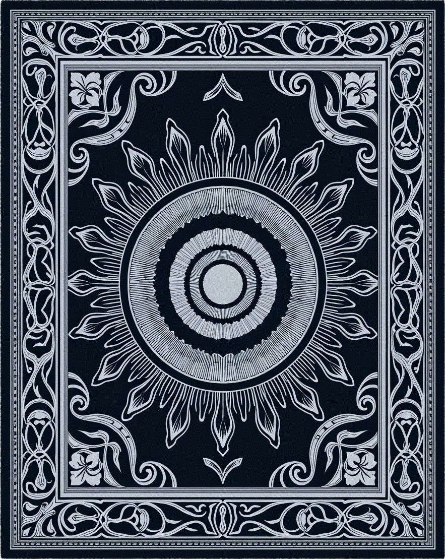 White Sunburst Medallion on Black Rug