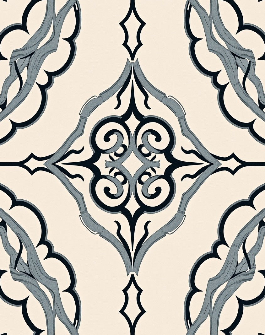 Cream Black Blue Scroll Ornament Rug