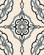 Cream Black Blue Scroll Ornament Rug