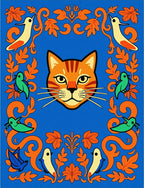 Orange Cat Blue Folk Art Birds Rug
