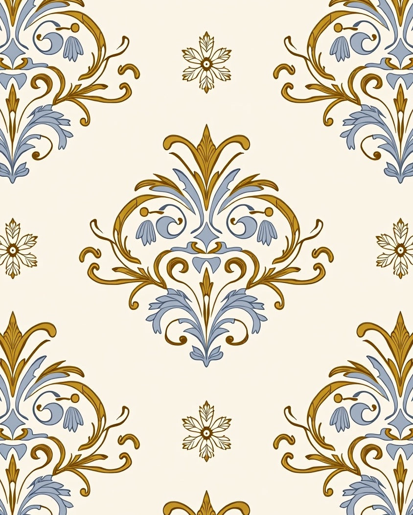 Golden Blue Scrollwork Floral Medallion Rug