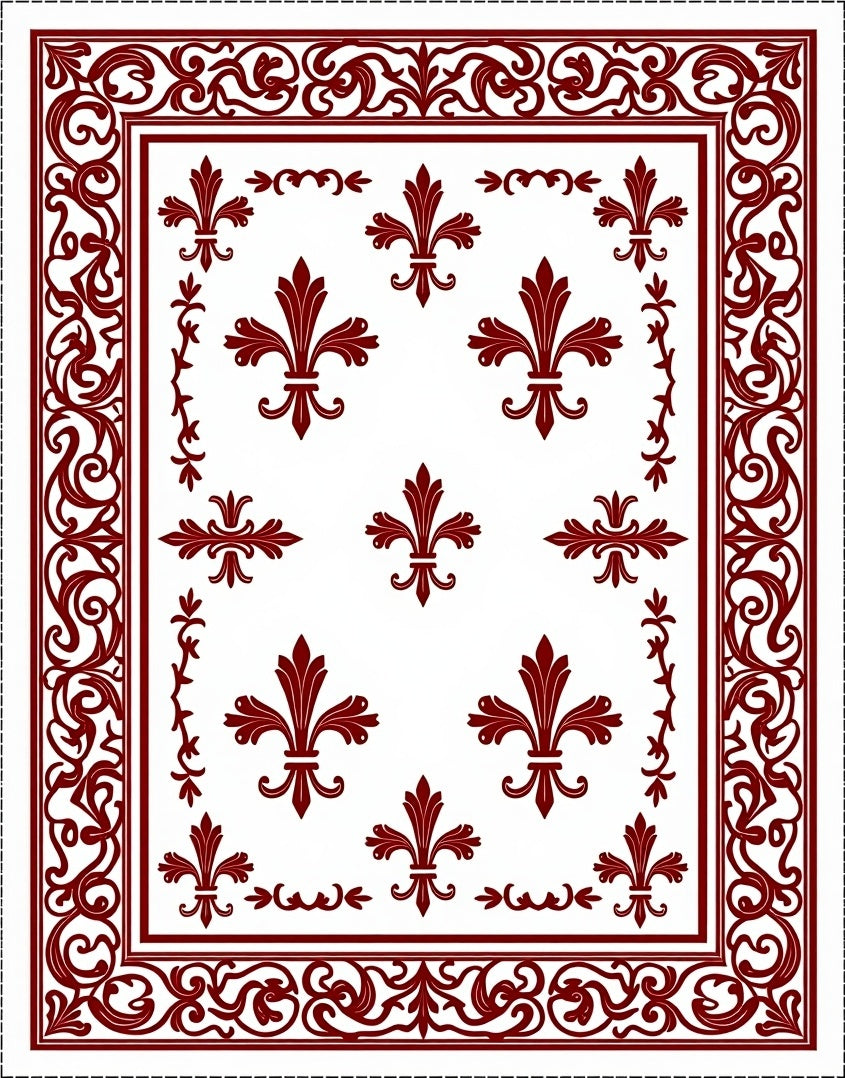 Deep Red Fleur-de-lis Scroll Border Rug