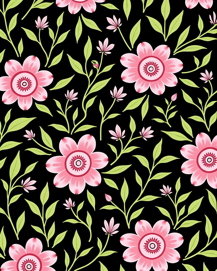 Pink Floral Vine Black Background Rug