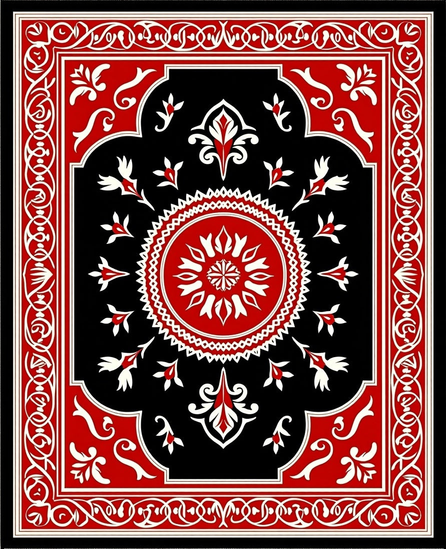 Ornate Red Black Floral Medallion Rug