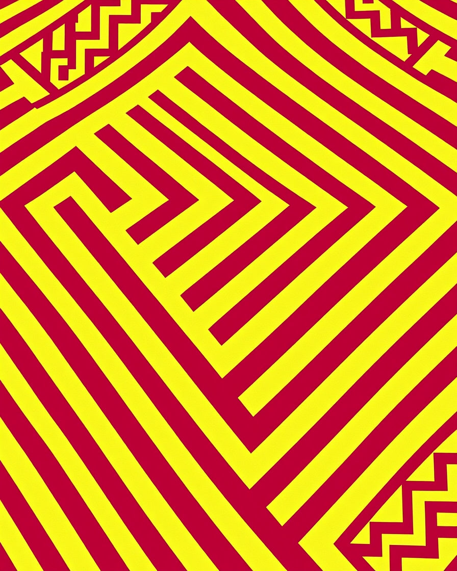 Vibrant Red Yellow Geometric Maze Rug