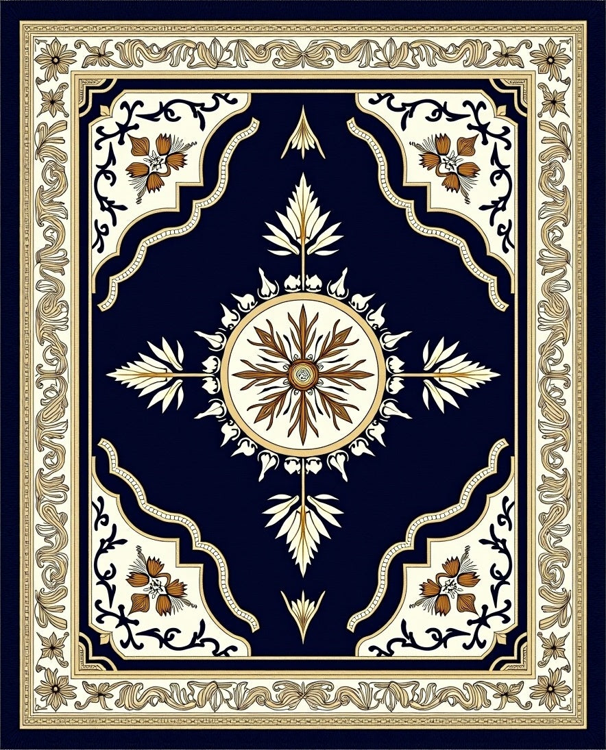 Deep Navy Floral Medallion Border Rug