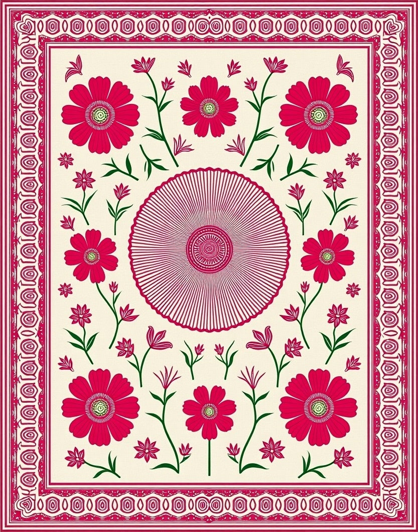 Crimson Blooms Bordered Centerpiece Rug