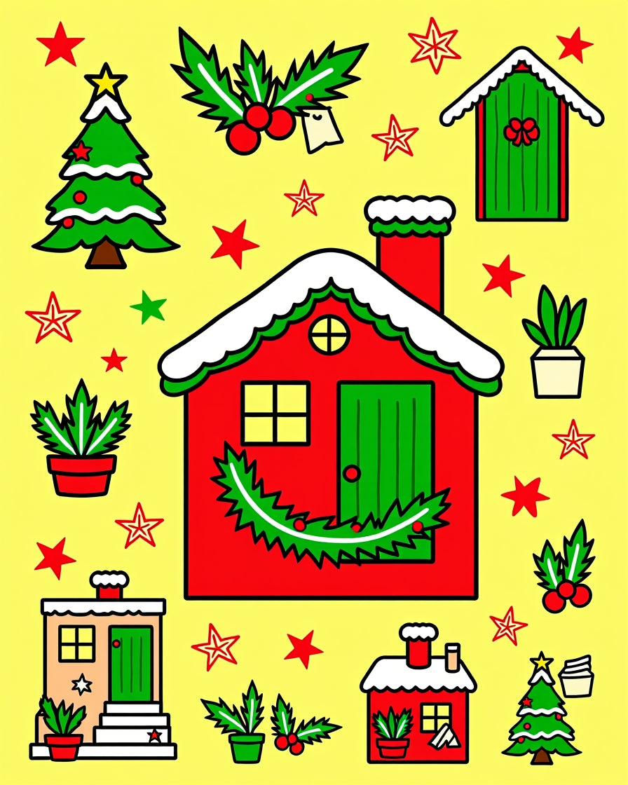 Festive Christmas Houses Holly Stars Rug