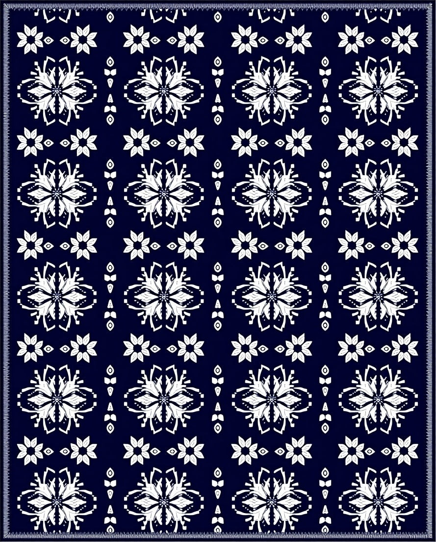 Deep Navy White Floral Medallion Repeat Rug