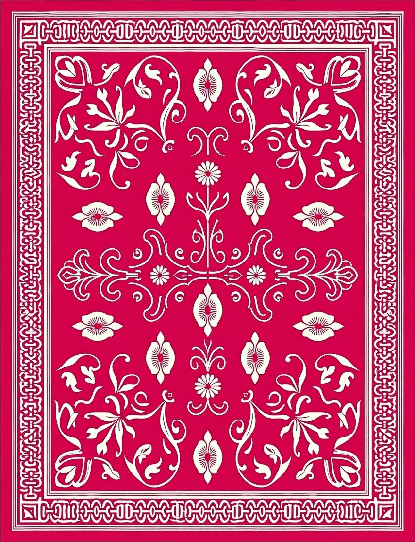 Vibrant Red Floral Vines Border Rug