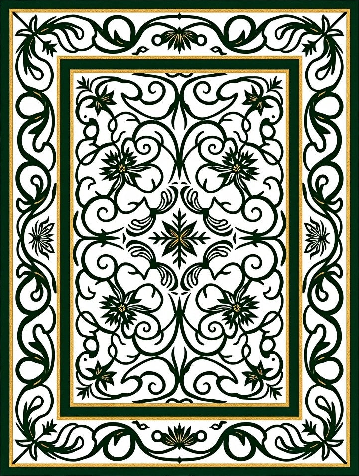 Elegant Green Gold Floral Scroll Rug