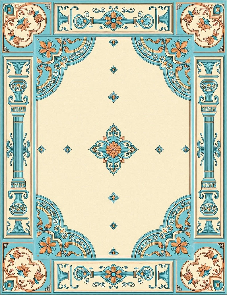 Turquoise Coral Floral Medallion Border Rug