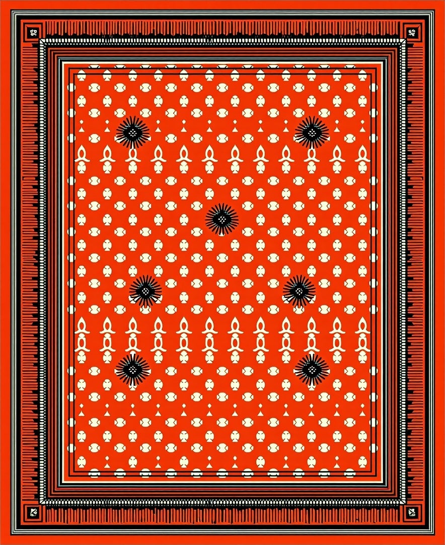 Vibrant Coral Black Starburst medallion Rug
