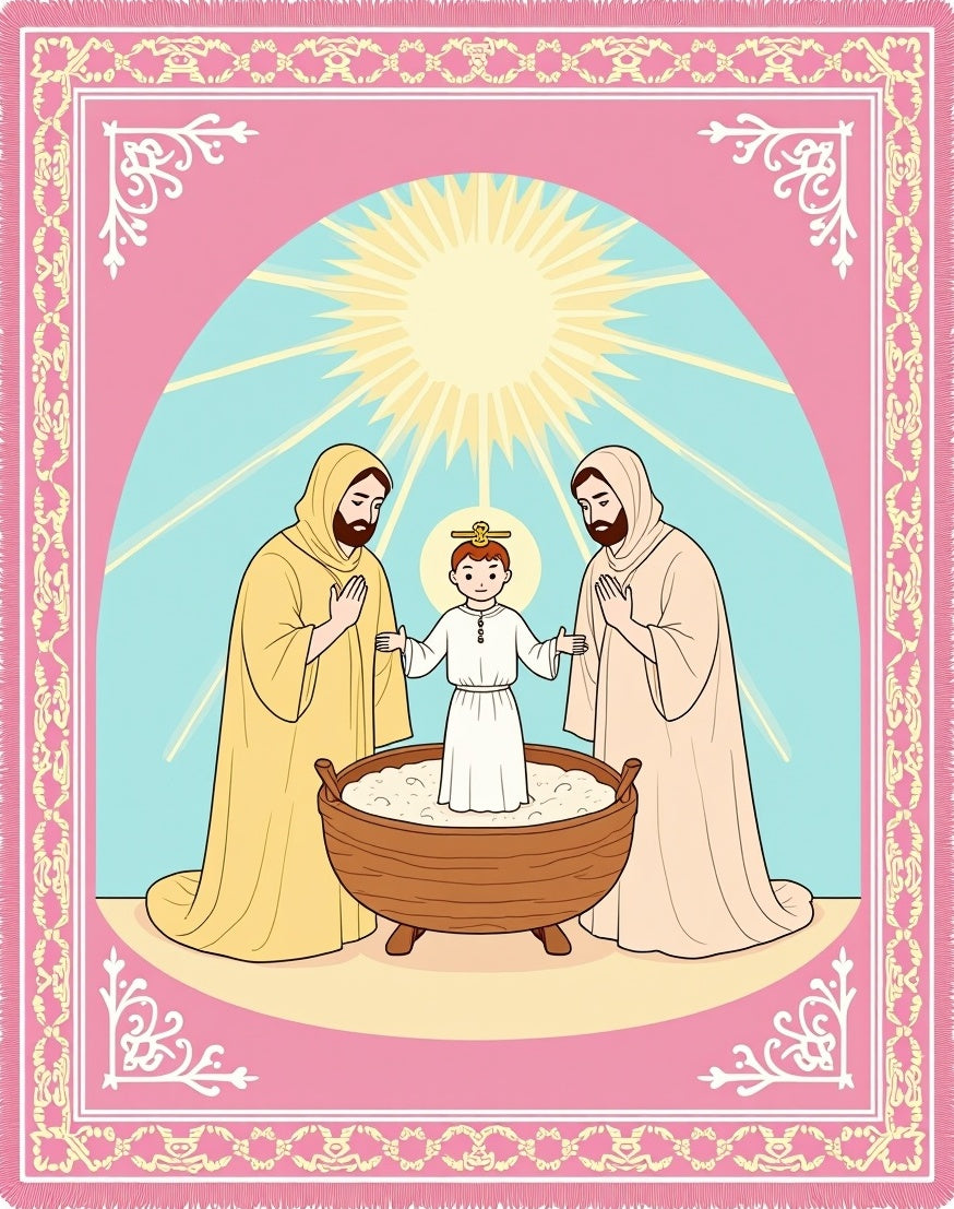 Pink Religious Figures Sunburst Rug