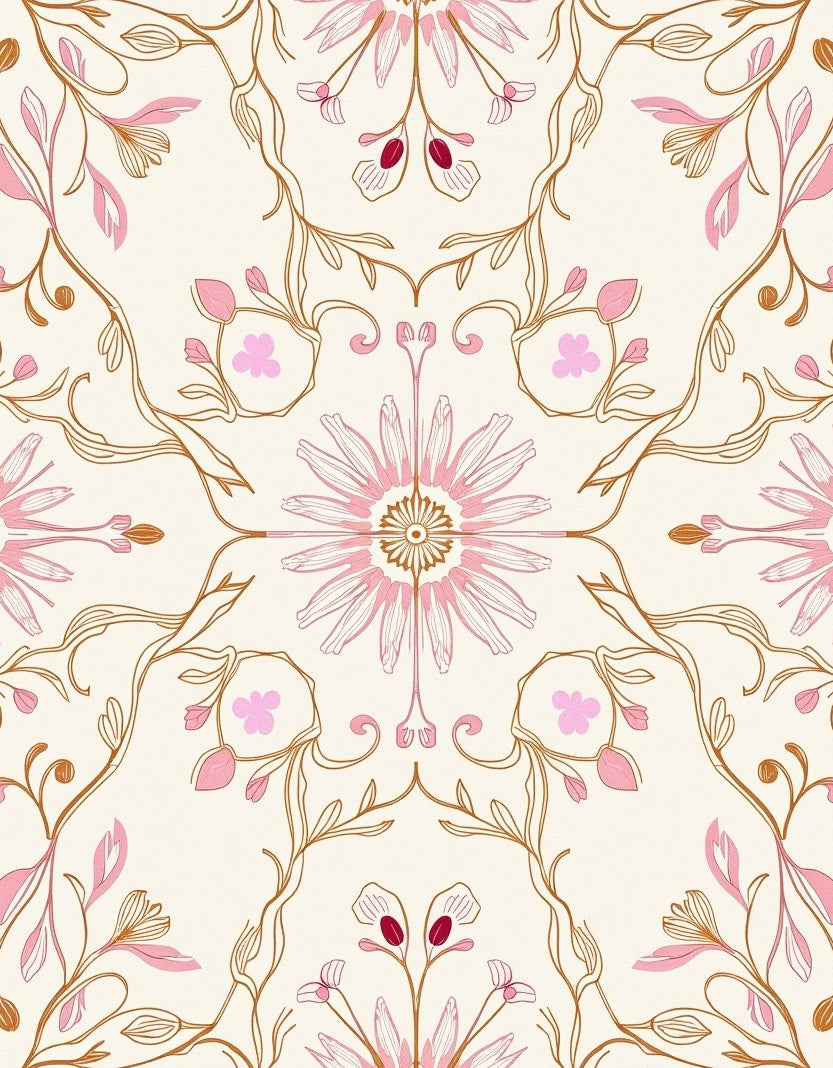 Soft Pink Floral Vine Medallion Rug