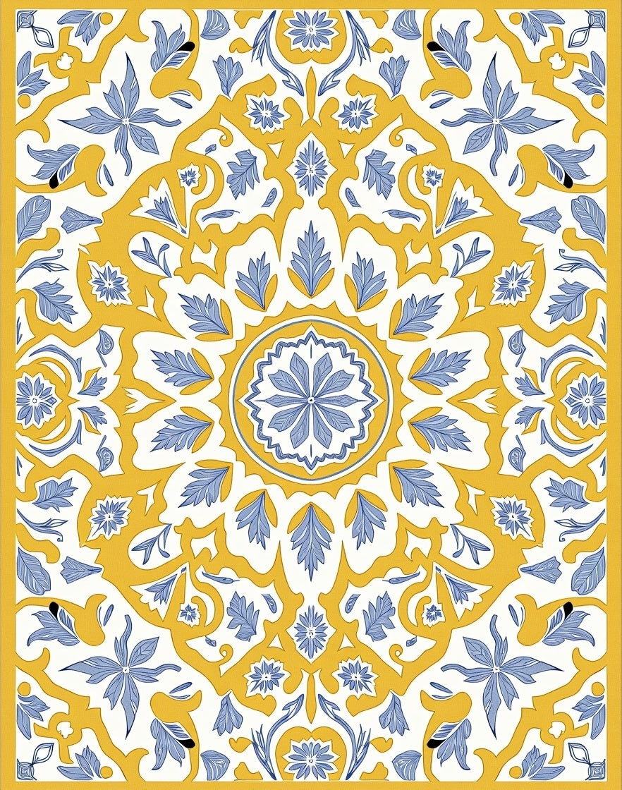 Sunny Blue Floral Medallion Mandala Rug