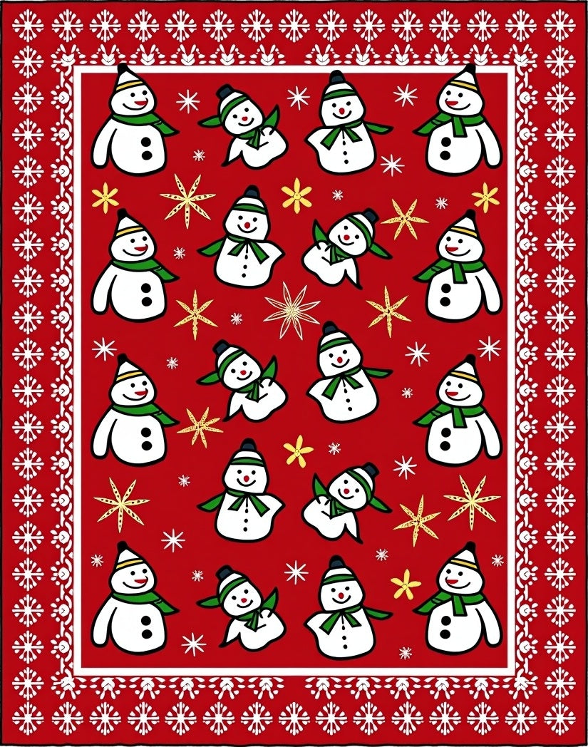 Christmas Snowman Red Whimsical Snowflakes Rug