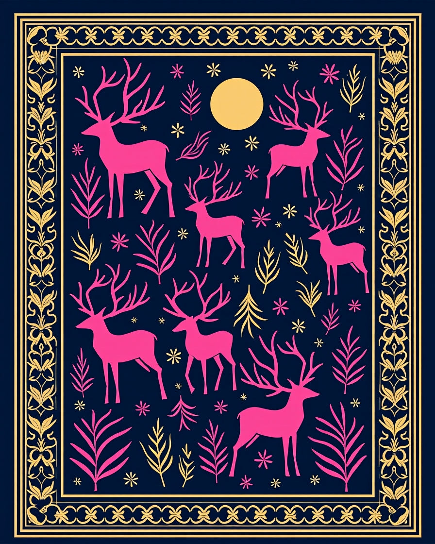 Pink Deer Moon Evening Border Rug