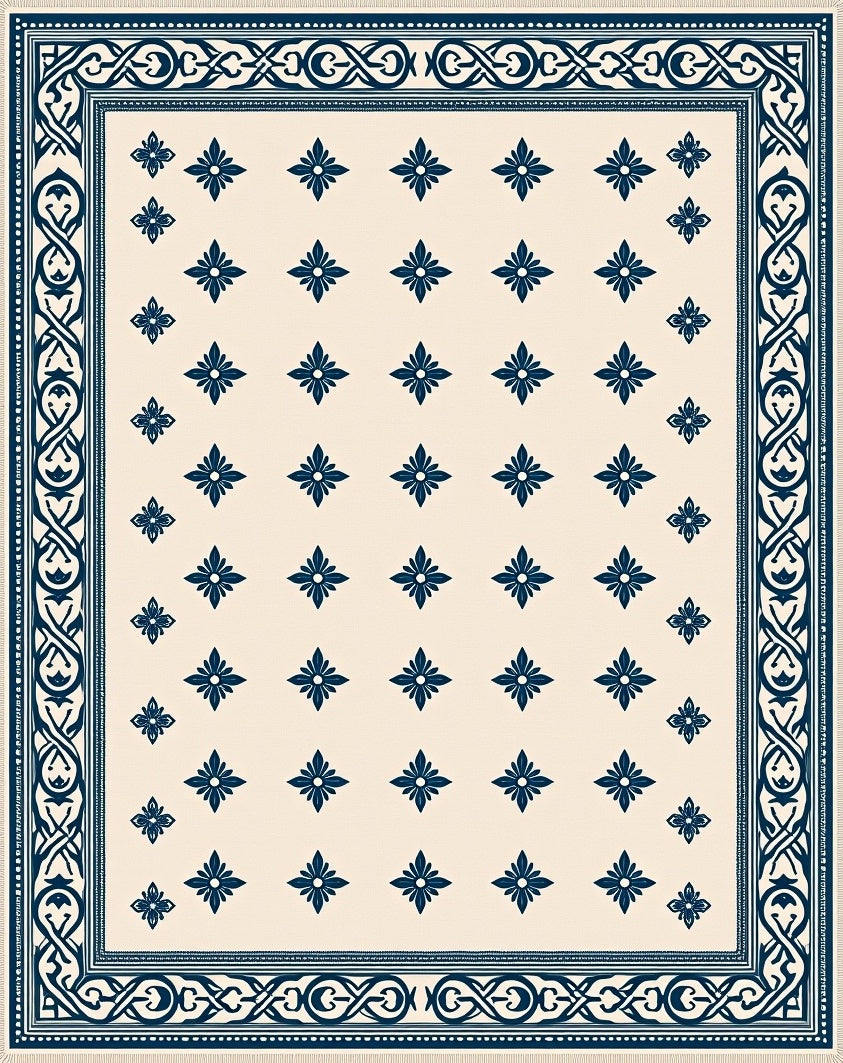 Cream Navy Floral Border Medallion Rug