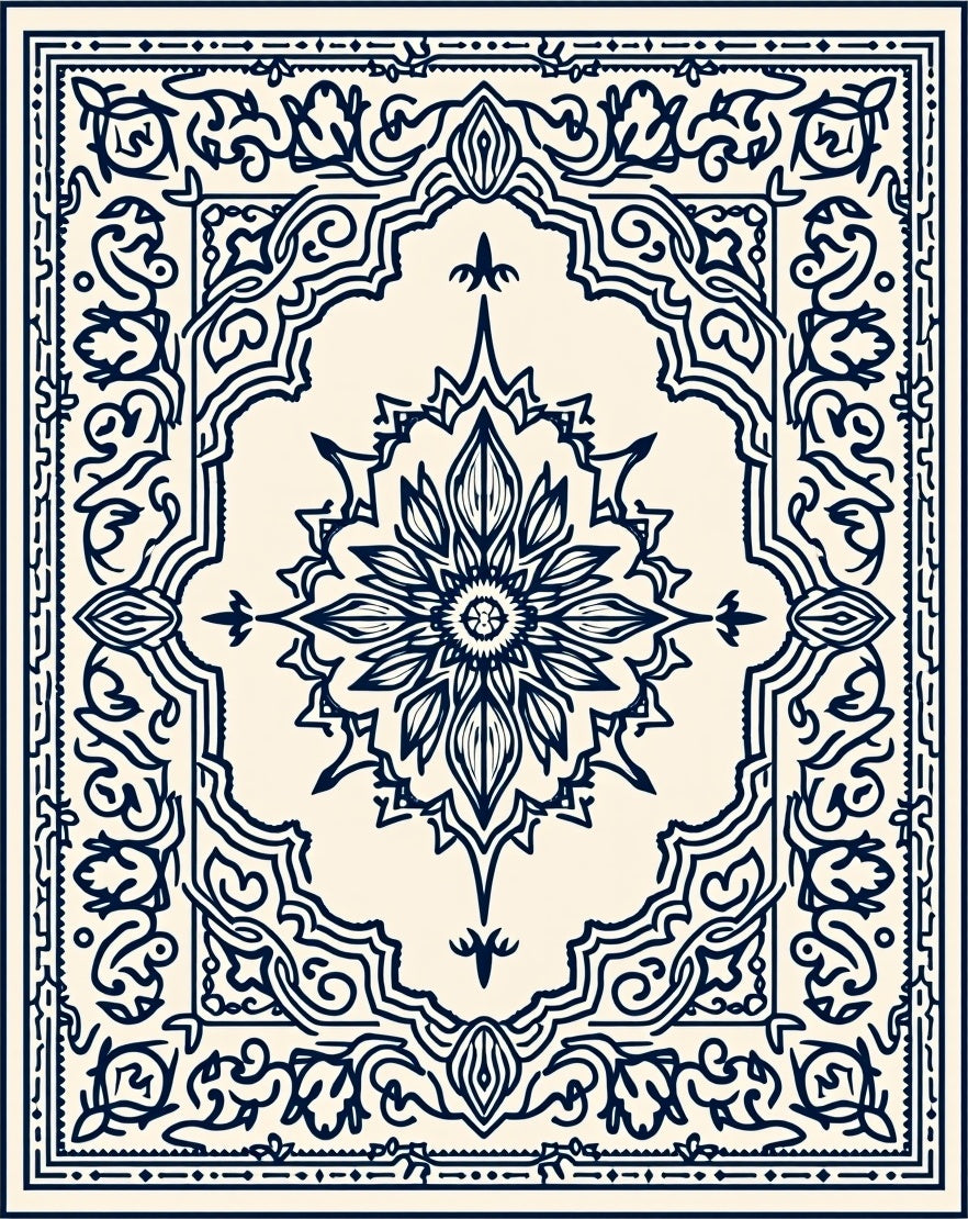 Navy Floral Medallion Border Rug