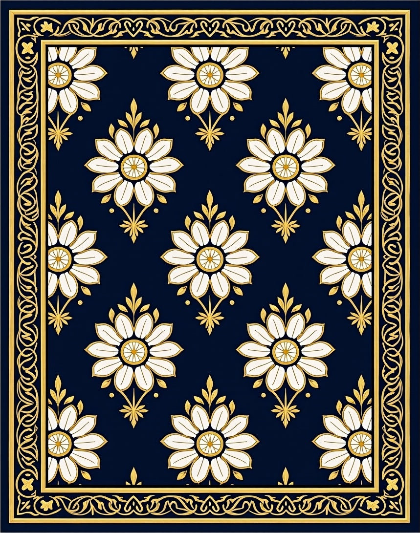 Navy White Floral Gold Medallion Rug