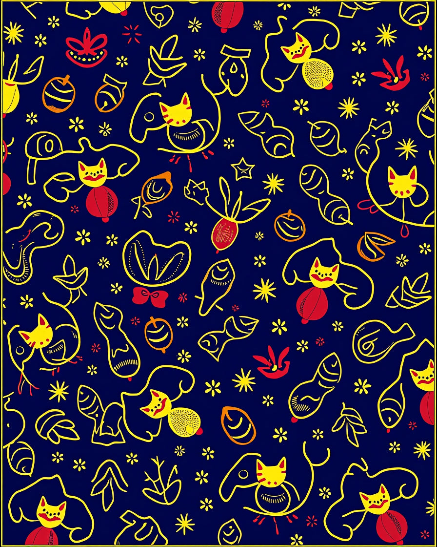 Playful Yellow Cat Red Floral Navy Rug