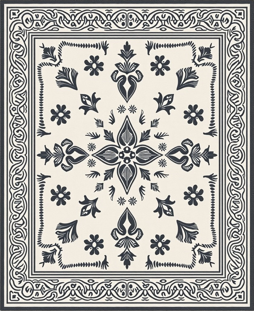Dark Indigo Folk Floral Bandana Rug