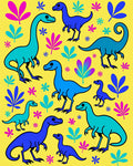 Bright Blue Dinosaur Botanical Arrangement Rug