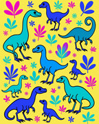 Bright Blue Dinosaur Botanical Arrangement Rug