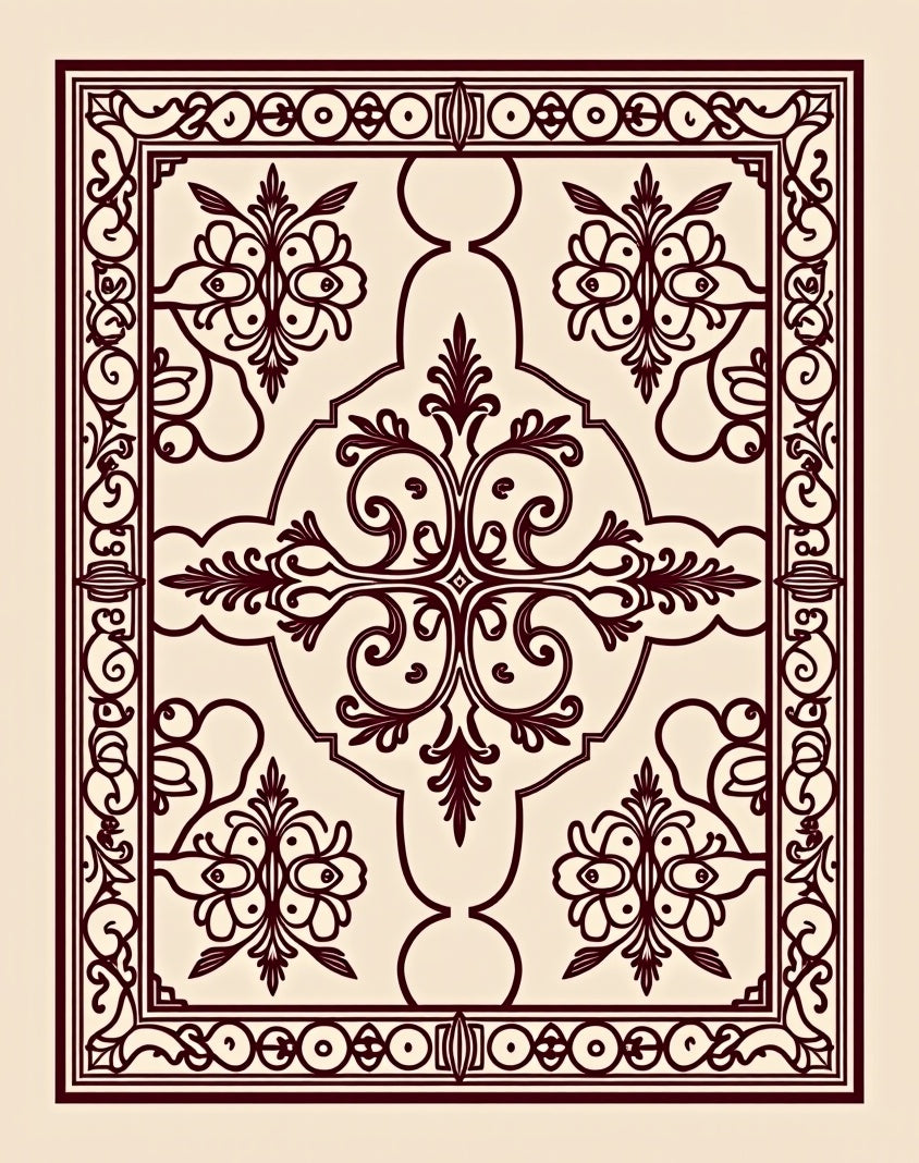 Ornate Burgundy Floral Scrollwork Medallion Rug