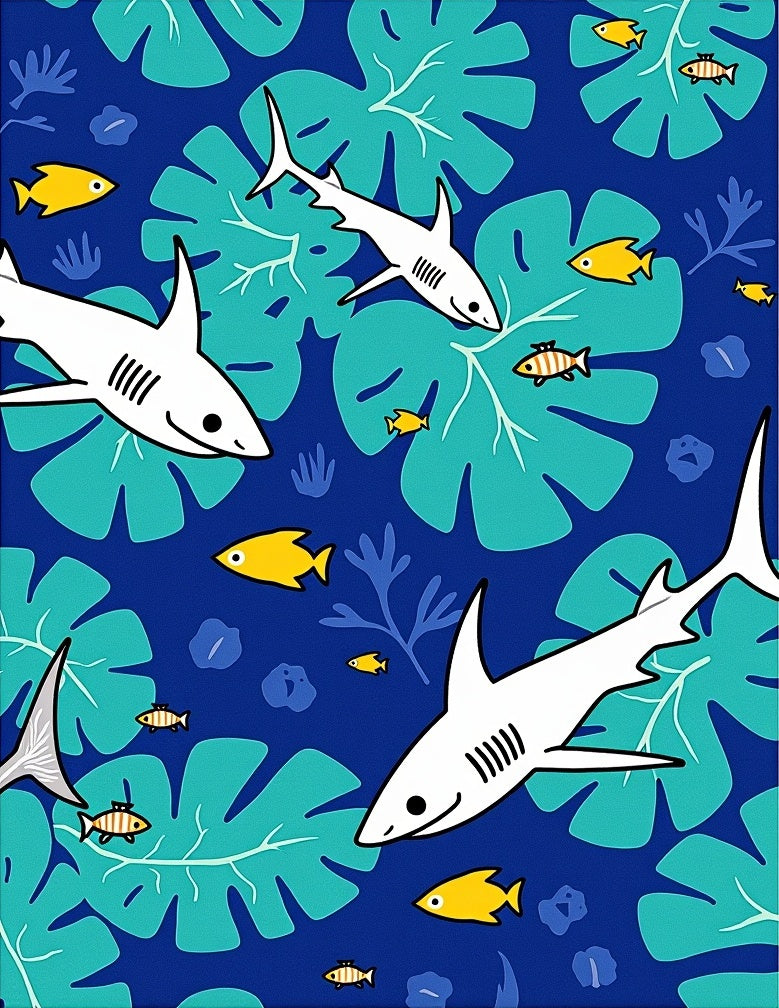 Oceanic White Shark Teal Leaf Arrangement Rug