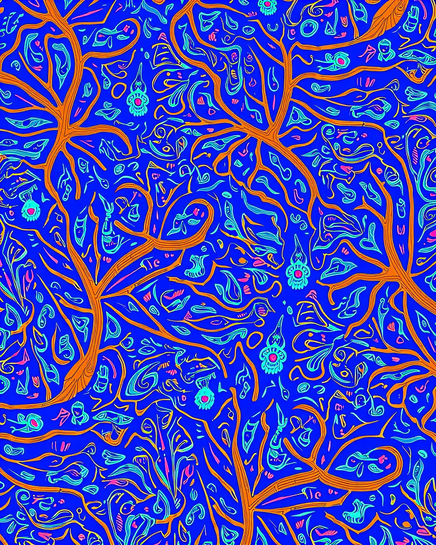 Vibrant Blue Orange Tree Foliage Rug