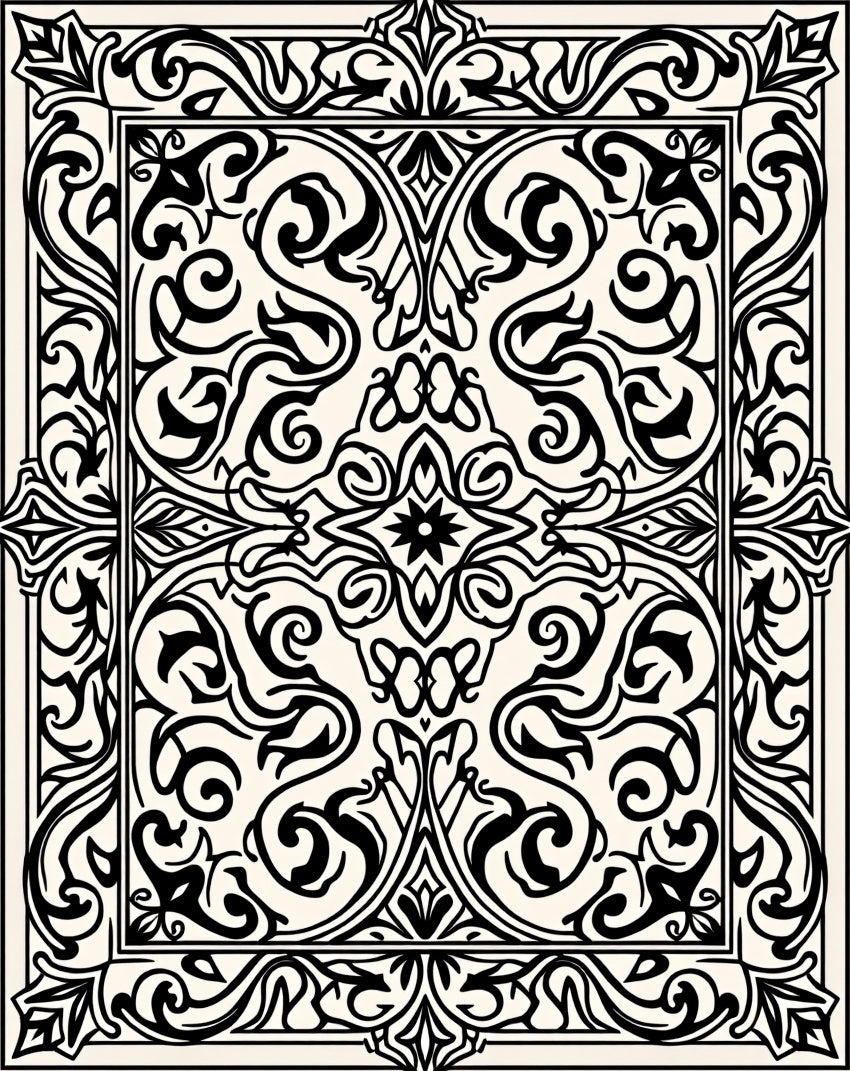Ornate Black and Cream Scrollwork Rug