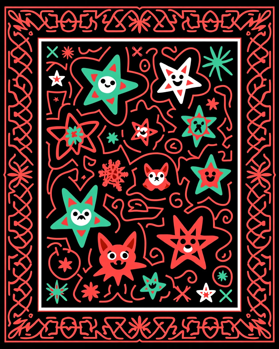 Whimsical Red Green Star Animals Rug