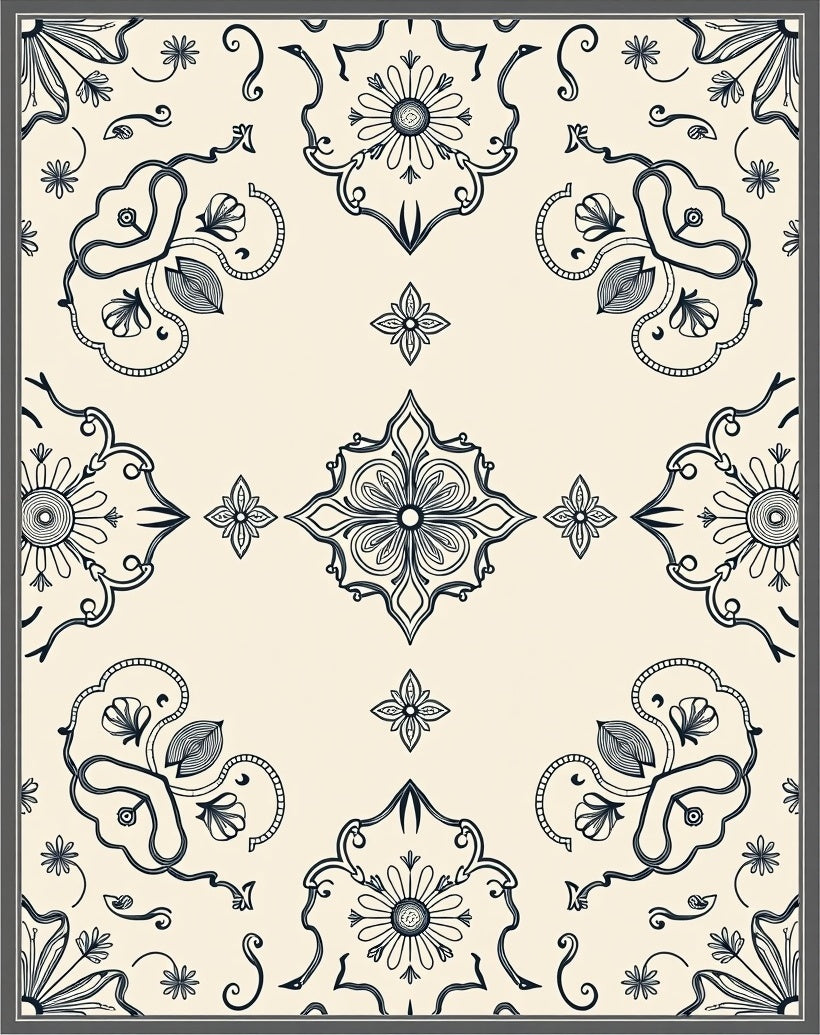 Cream And Navy Floral Medallion Arrangement Rug