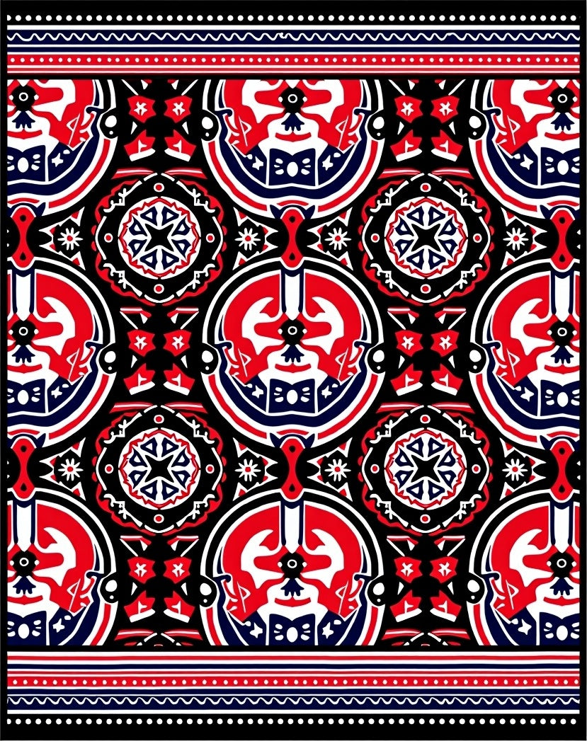 Bold Red Blue Black Circular Collage Rug