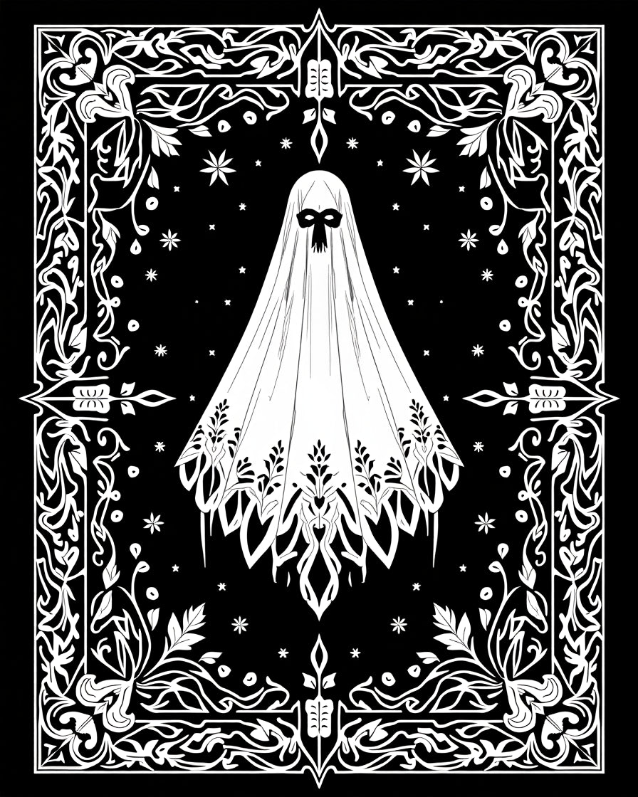 Spooky Ghost Black White Floral Frame Rug