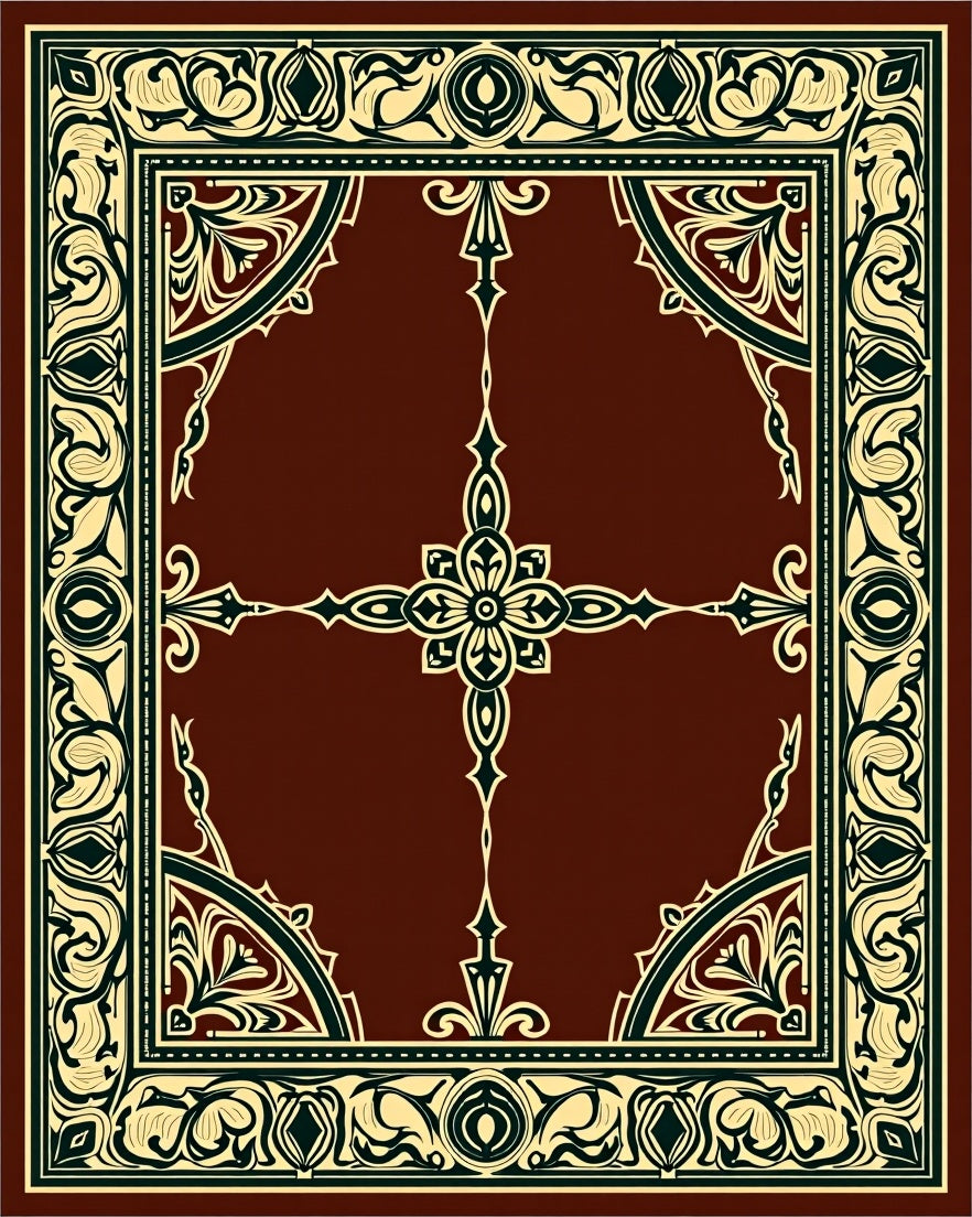 Crimson Ivory Floral Scrollwork Border Rug