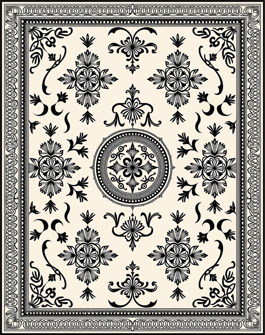 Intricate Black Floral Medallion Cream Rug