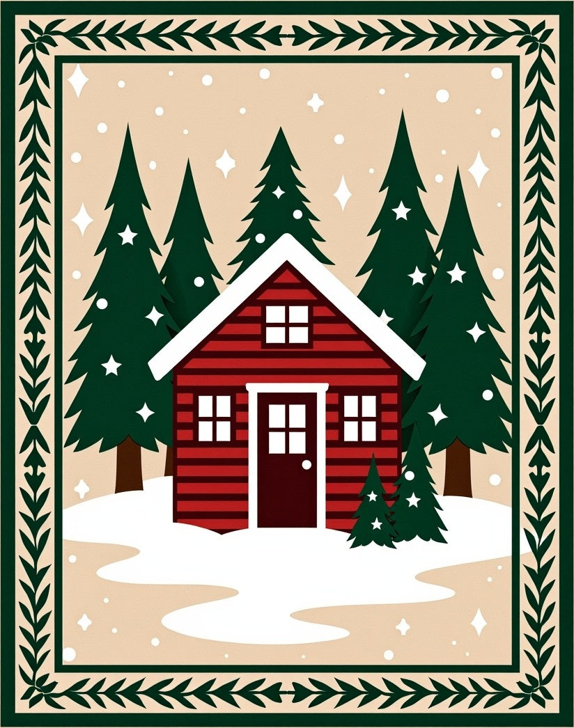 Cozy Red Cabin Snowy Forest Scene Rug