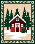 Cozy Red Cabin Snowy Forest Scene Rug
