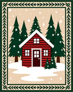Cozy Red Cabin Snowy Forest Scene Rug