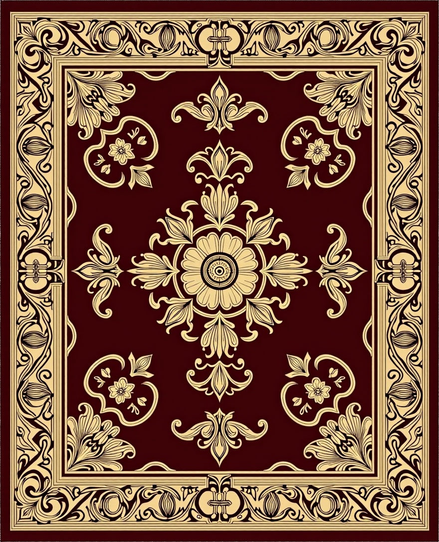 Burgundy Floral Medallion Border Rug