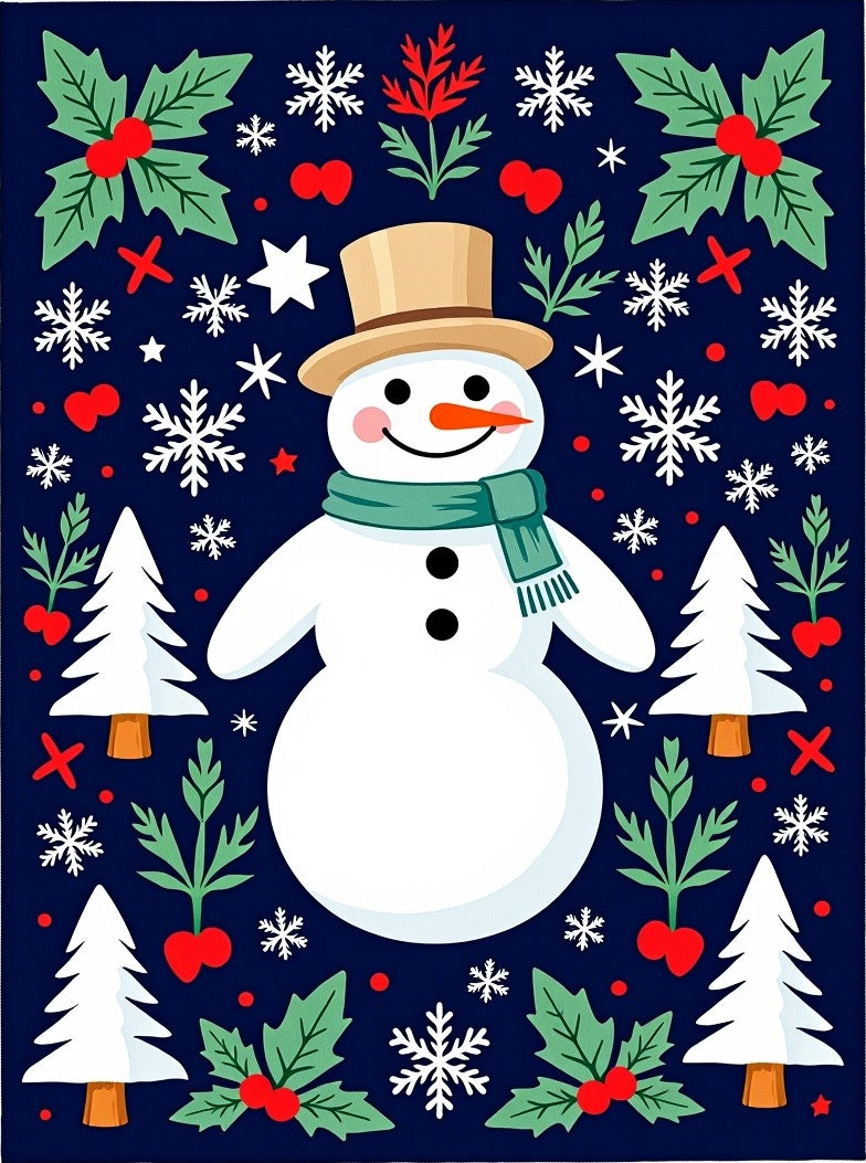 Happy Snowman Festive Holly Snowflakes Rug