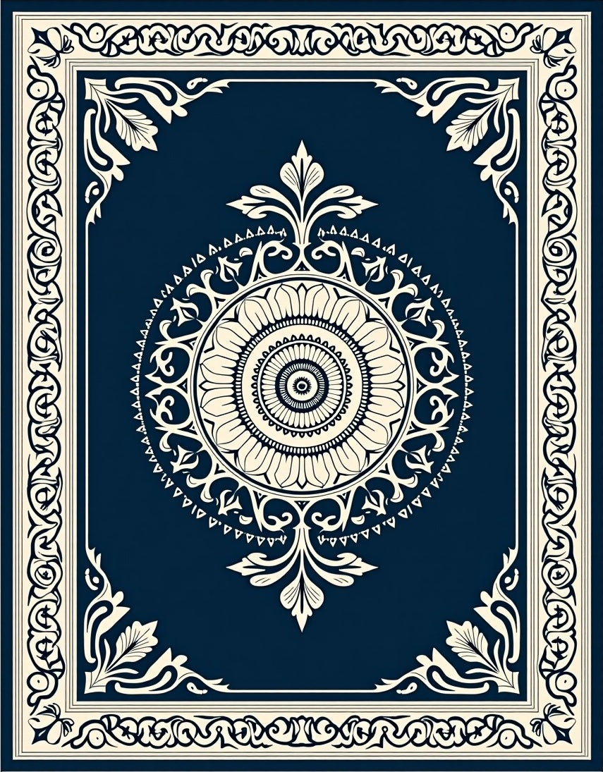 Ornate Cream Lotus Bordered Navy Rug