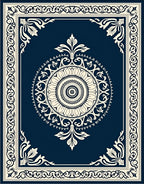 Ornate Cream Lotus Bordered Navy Rug